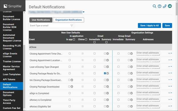 Default Notifications page screenshot