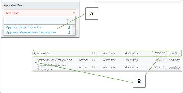 Apraisal Fee section and callouts screenshot