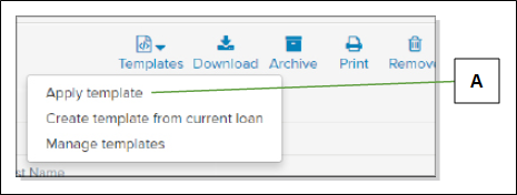 Templates dropdown wiht Apply template item highlighted with callout screenshot