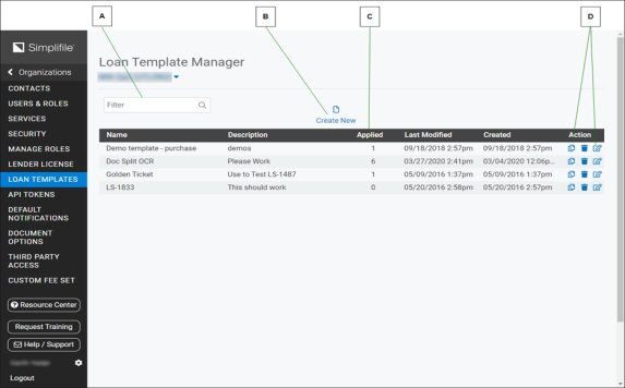 Loan Template Manager page with callouts screenshot