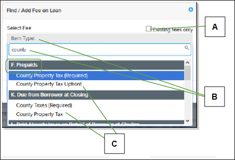 Find / Add Fee on Loan window with callouts screenshot