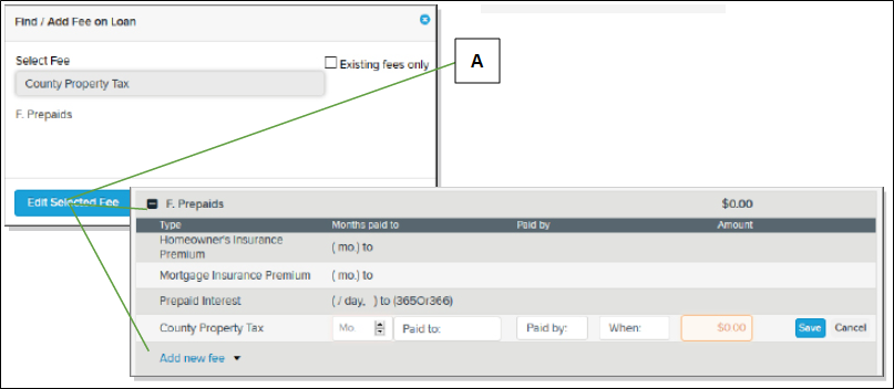 Find / Add Fee on Loan window with Edit Selected Fee button and the F. Prepaids section with callouts screenshot