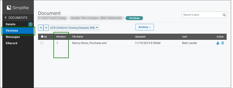 Documents page with Revision column highlighted screenshot