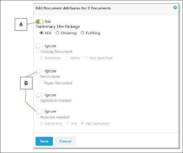 Edit Document Attributes for Documents window with callouts screenshot