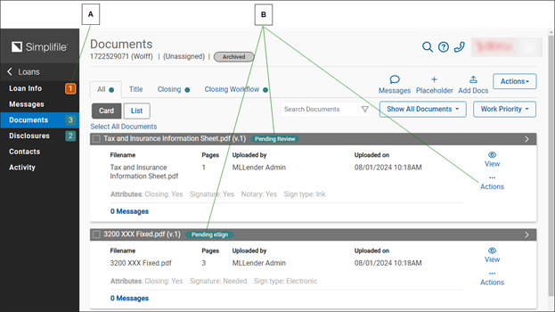 Documents page with callouts screenshot