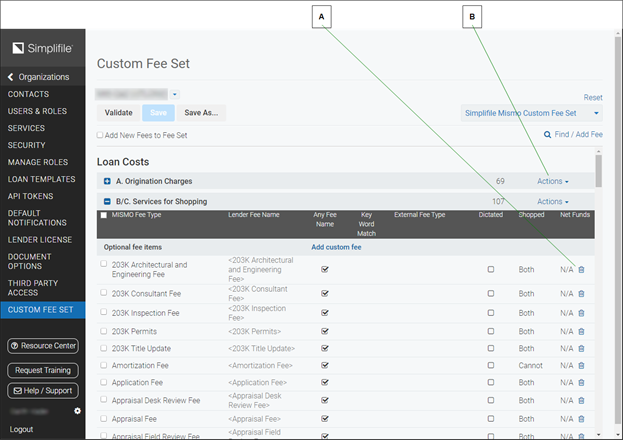 Custom Fee Set page callout screenshot