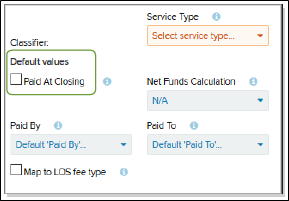 section with Defalut values Paid At Closing checkbox highlighted screenshot