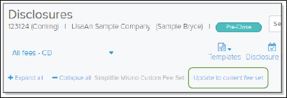 Disclosures page with Update to current fee set link highlighted screenshot