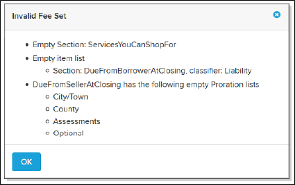 Invalid Fee Set window screenshot