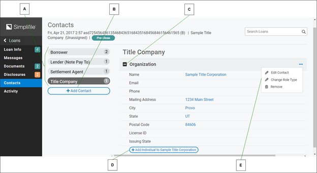 Contacts page with callouts screenshot