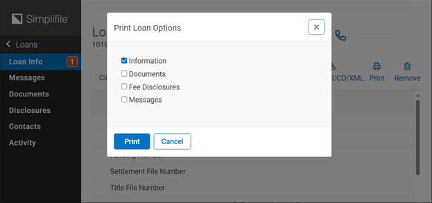 Print Loan Options window screenshot