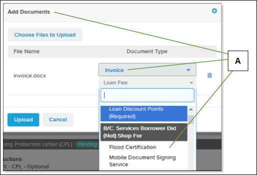 Add Documents window with callouts screenshot