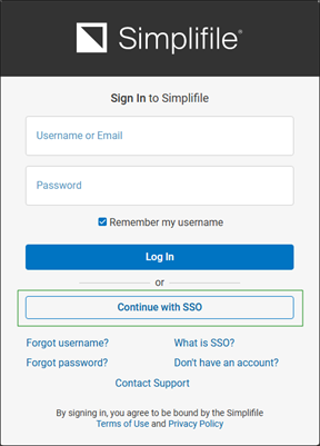 Sign In to Simplifile window with Continue with SSO button highlighted screenshot