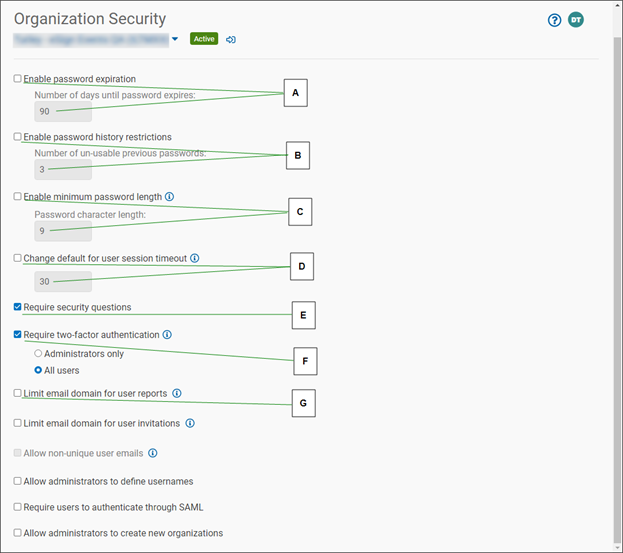 Organization Security page with callouts screenshot
