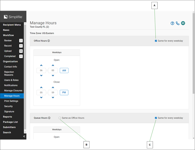 Manage Hours page with callouts screenshot
