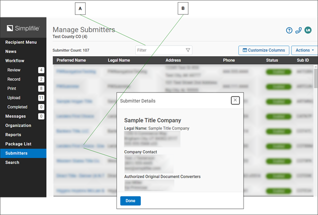 Manage Submitters page with callouts screenshot