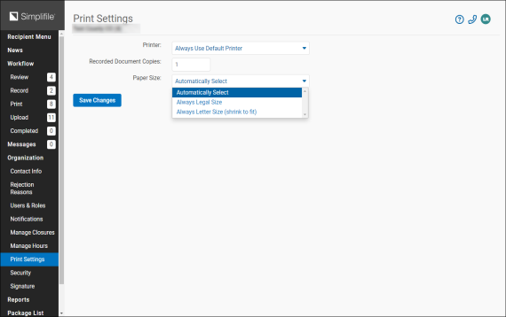 Print Settings page (Administrator Role)