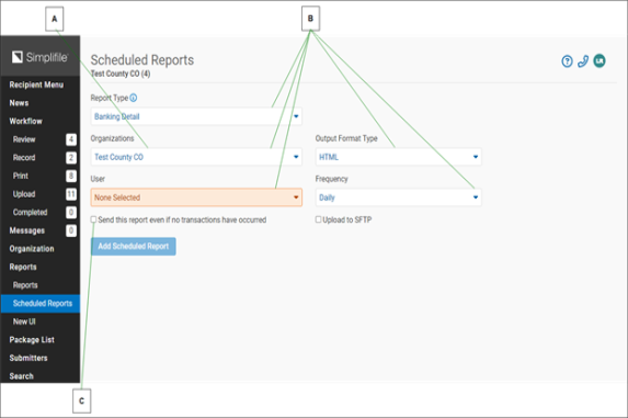 Scheduling Reports page with callouts screenshot