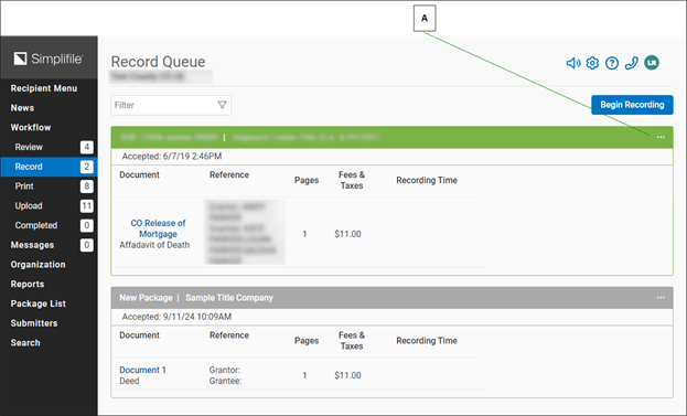 Recipient Menu page and Record Queue page with callout screenshot