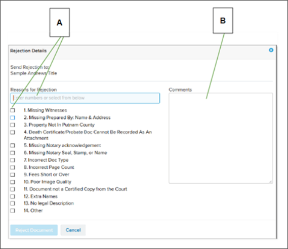 Rejection Details window with callouts screenshot