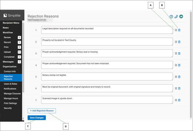 Rejection Reasons page screenshot
