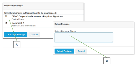 Unaccepted Package window and Reject Package window with callouts screenshot