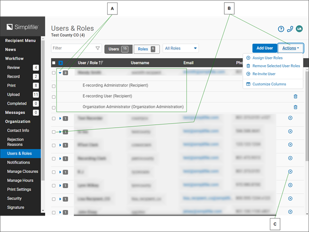 Users & Roles page with callouts screenshot