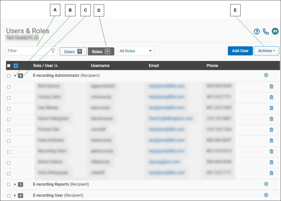 Manage Users page with callouts screenshot