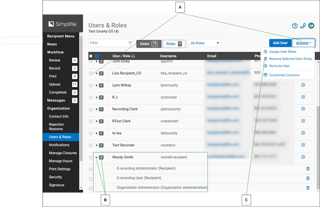 Users & Roles page with Actions dropdown callouts and other callouts screenshot