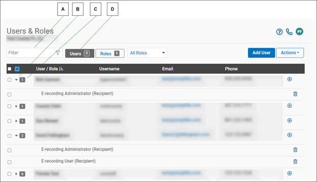 Manage Users and Roles page with Users tab and callouts screenshot