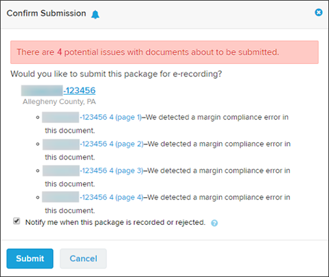 Confirm Submission window with pink message "There is 4 potential issue with documents about to be submitted" screenshot