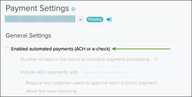 Payment Settings page Enable automated payments (ACH or eCheck) checkbox highlighted screenshot