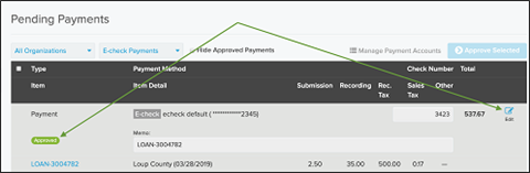 Pending Payments page with Approved and Edit highlighted screenshot