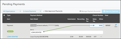 Pending Payments page with Check Number and Memo fields highlighted screenshot