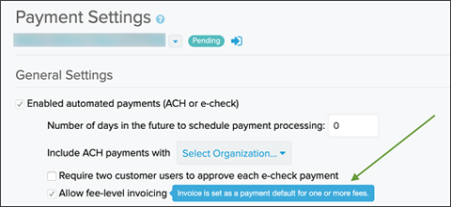 Payment Setting page with Allow fee-level invoicing checkbox highlighted screenshot