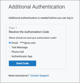 Additional Authentication window Step 1 section with the Email option selected screenshot