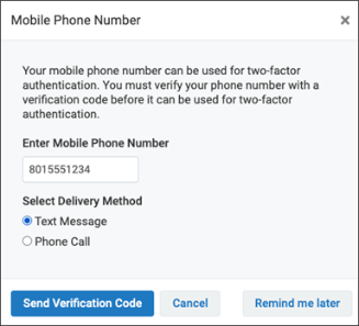 Mobile Phone Number window with the Enter Mobile Phone Number field filled and the Text Message option selected screenshot 