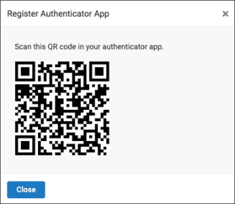 Register Authenticator App window with Scan the QR code in your authenticator app text and QR code screenshot