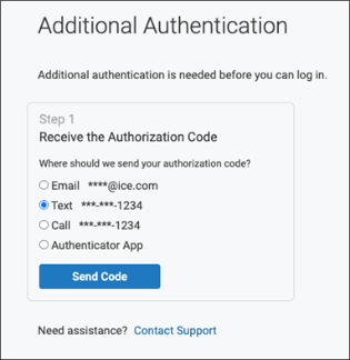 Additional Authentication page Step 1 section with the text option selected screenshot