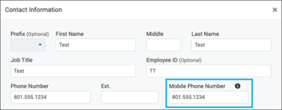 User Contact Informaton page Contact Information window with the Mobile Phone Number field highlighted screenshot