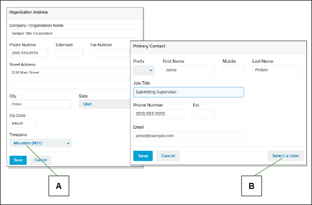 Organization Address window and Primary Contact window with callout letters screenshot