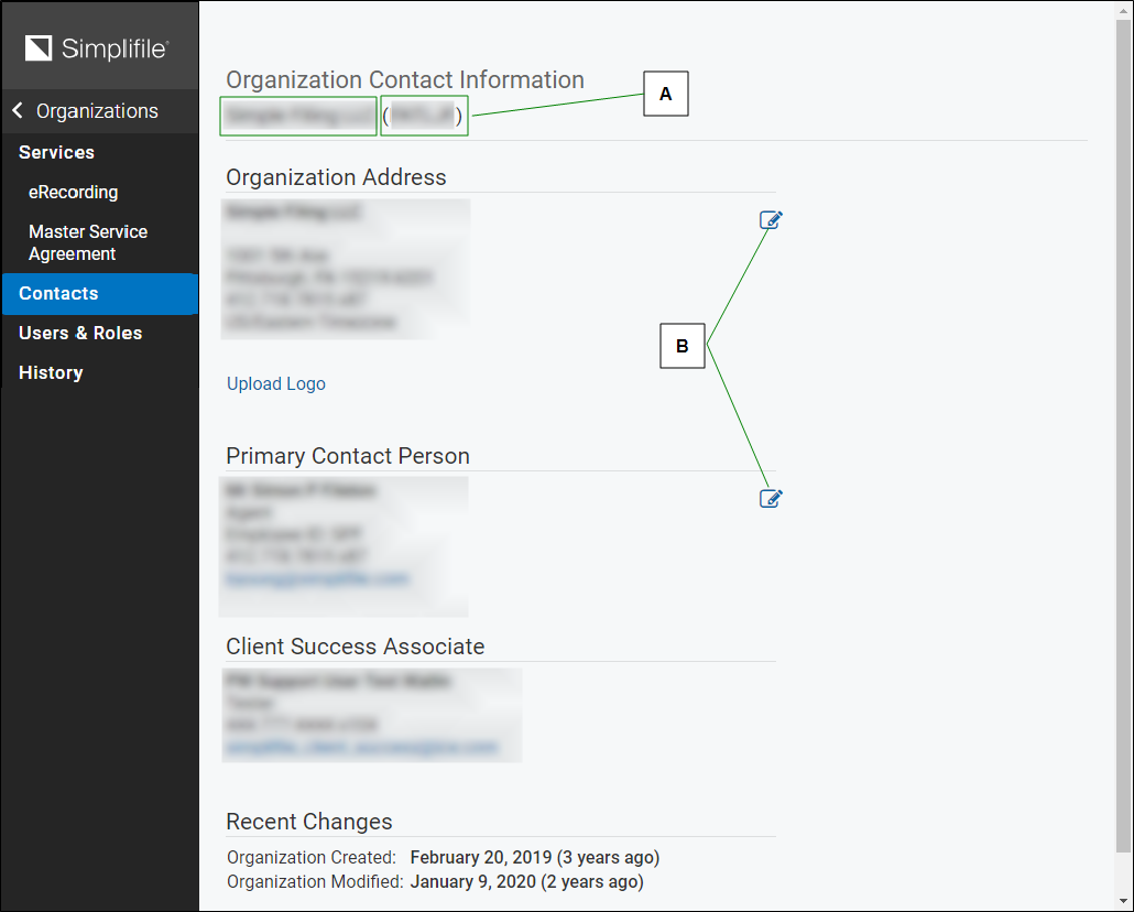 Organization Contact Information page with callout letters screenshot