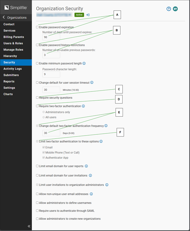 Organization Security page with callouts screenshot