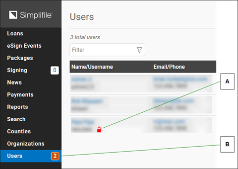 Users page with locked user number and locked icon screenshot