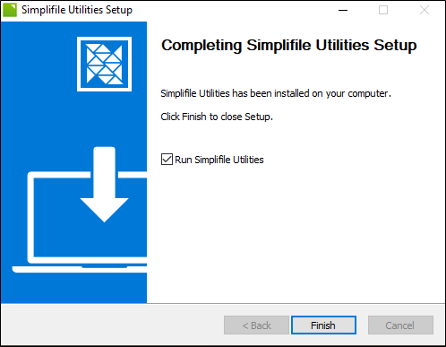 Simplifile Utilities Setup wizard Completing Simplifile Utilities Setup screen screenshot