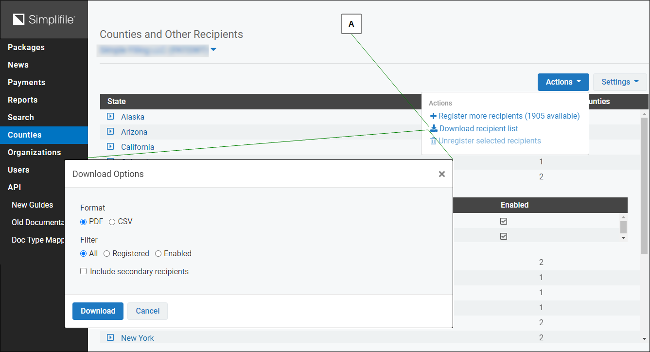 Counties and Other Recipients page Actions button Download recipient list Download Options window screenshot