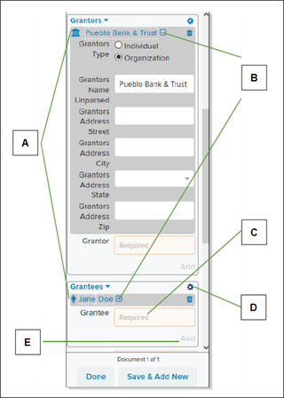 Document Editor page Grantors section with callouts screenehot