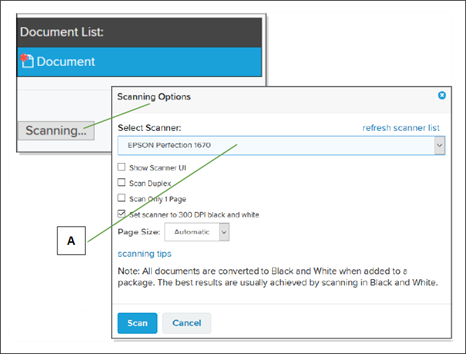 Document List page Scanning Options window with callout letter screenshot