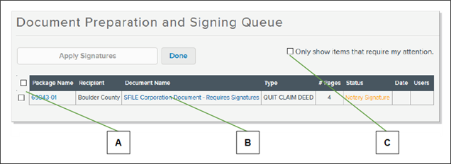 Document Preparation and Signing Queue page with callout letters screenshot