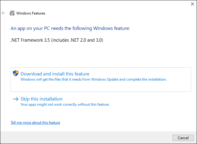Windows Features window screenshot